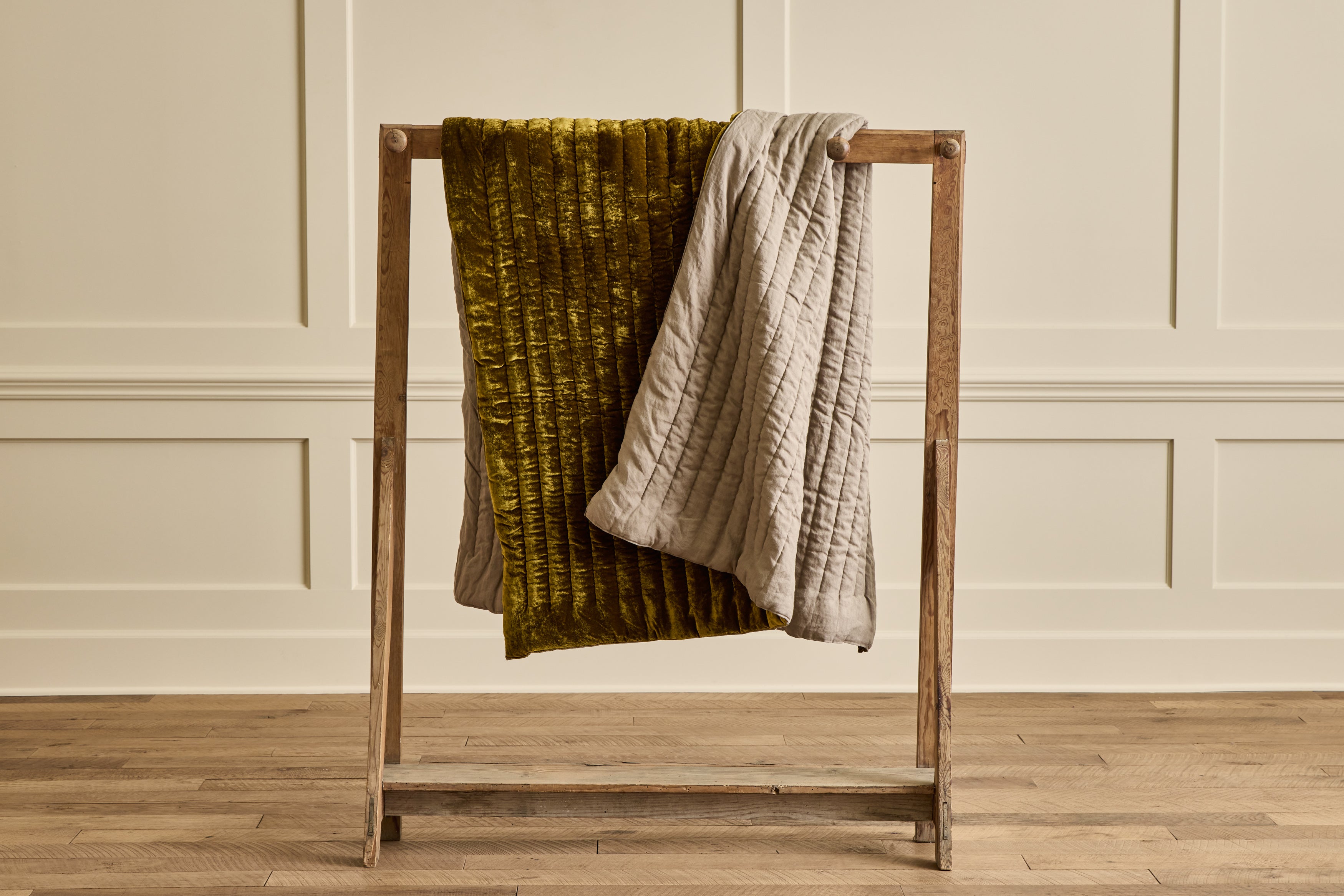 Golden Velvet and Grey Linen Throw