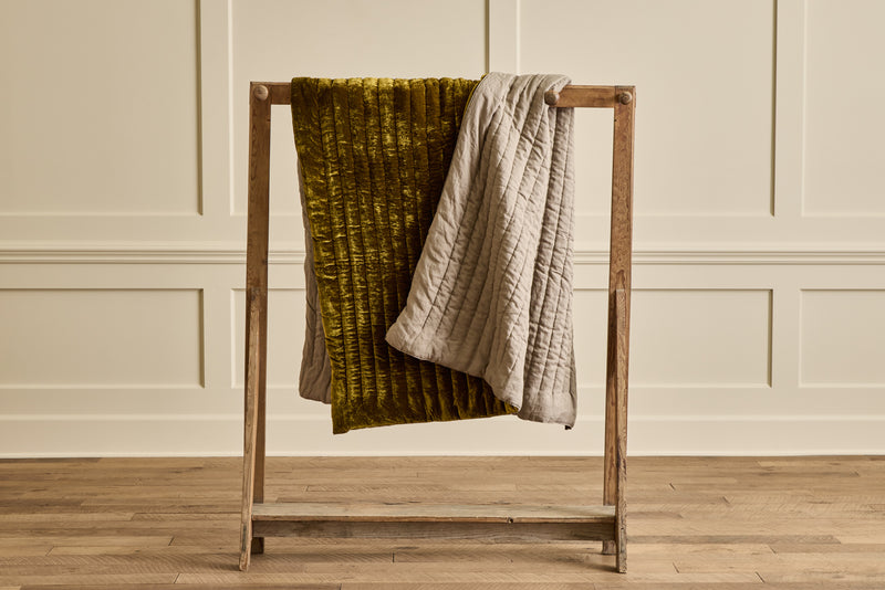 Golden Velvet and Grey Linen Throw