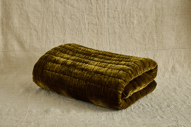 Golden Velvet and Grey Linen Throw