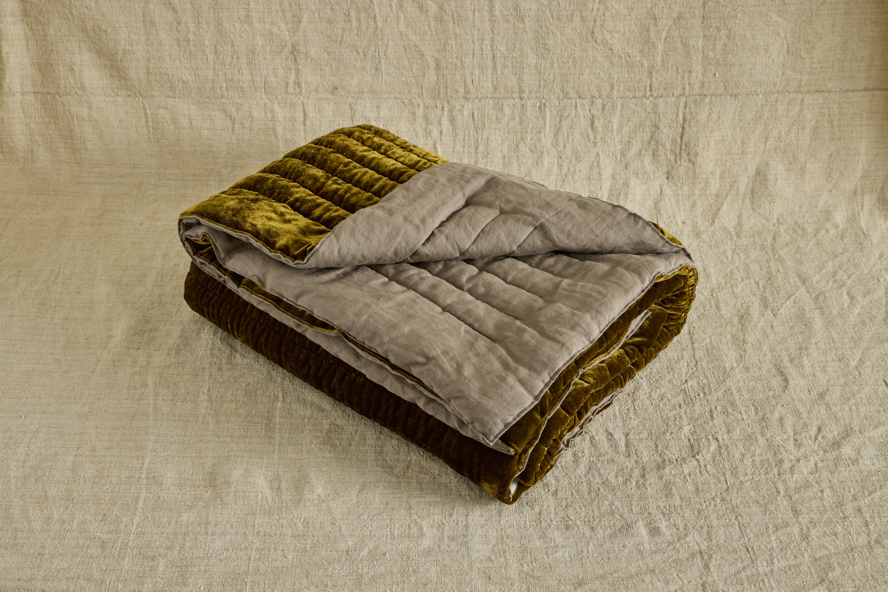 Golden Velvet and Grey Linen Throw