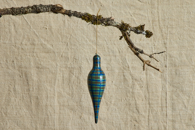 Painted Long Dropper Ornament, Teardrop Plaid