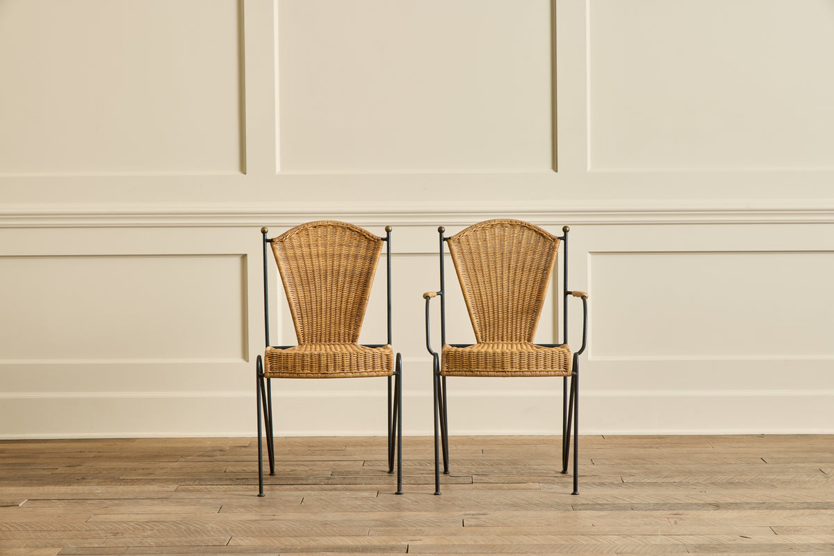 VTG PAIR OF IRON & WICKER ARM CHAIRS