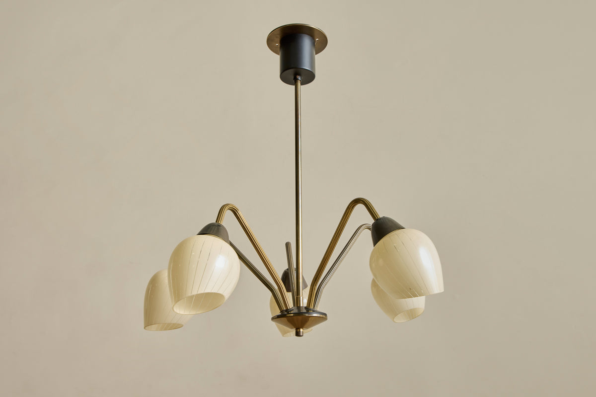 VTG SCANDINAVIAN BRASS & GLASS CHANDELIER