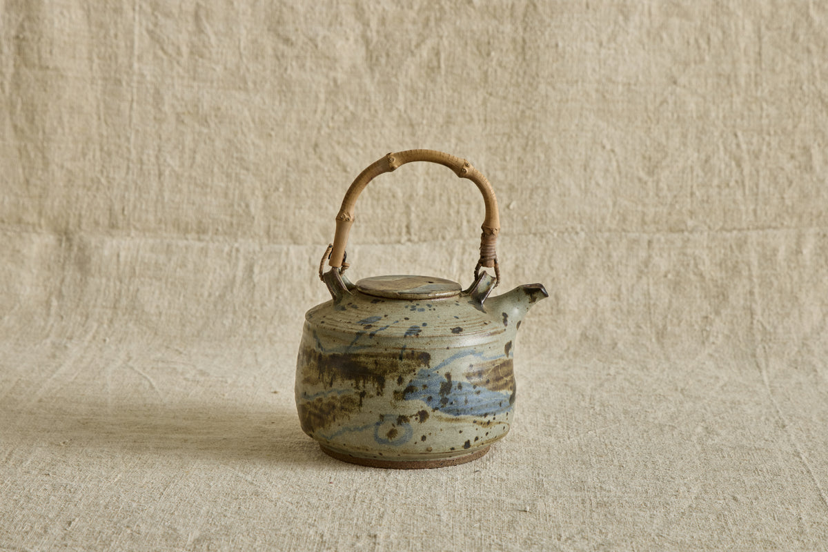 Blue Ceramic Teapot with Bamboo Handle