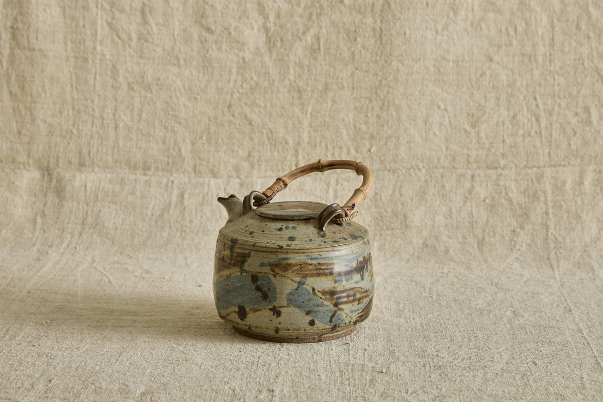 Blue Ceramic Teapot with Bamboo Handle