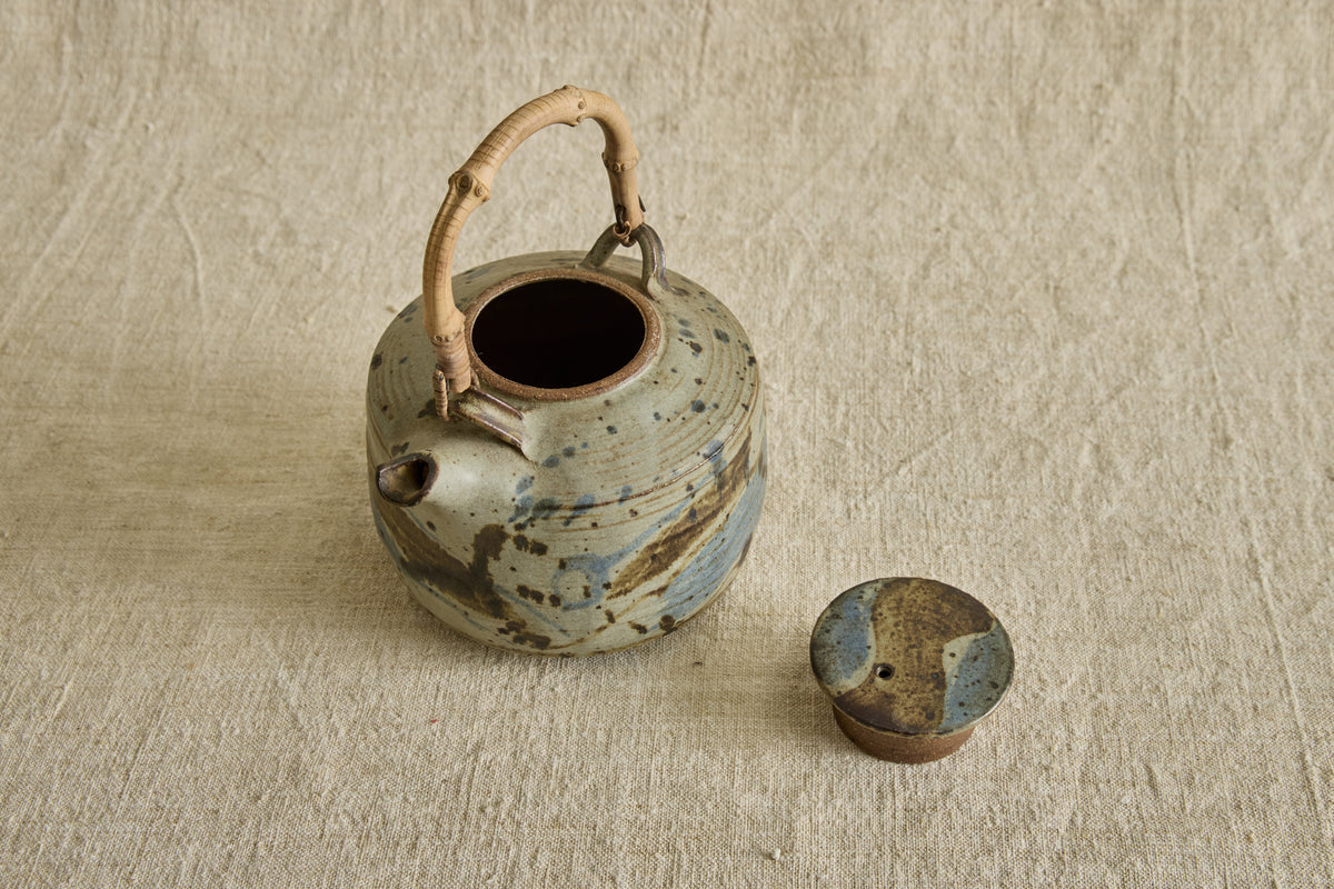 Blue Ceramic Teapot with Bamboo Handle
