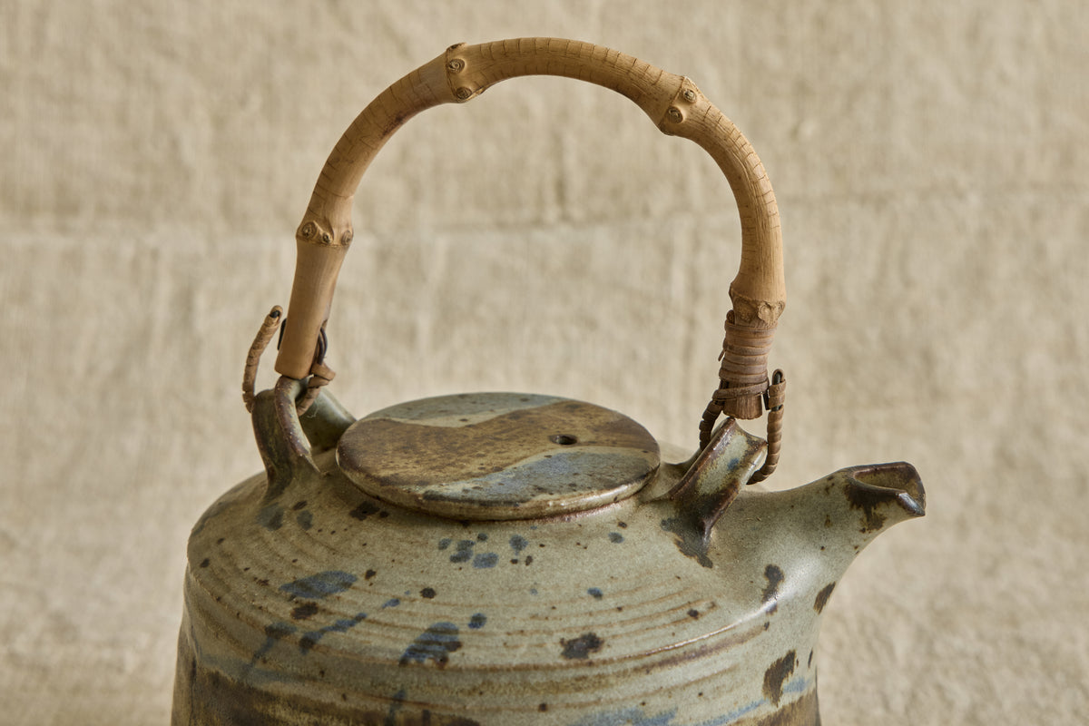 Blue Ceramic Teapot with Bamboo Handle
