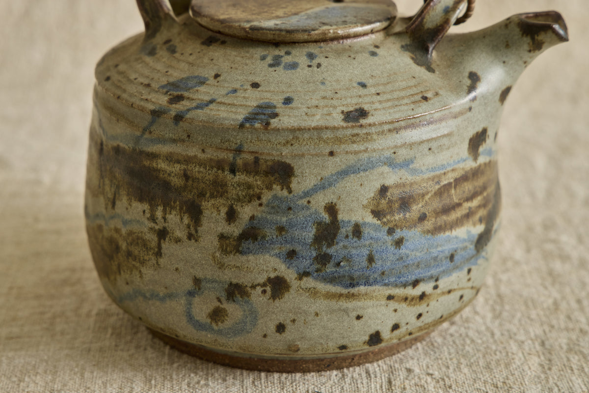 Blue Ceramic Teapot with Bamboo Handle