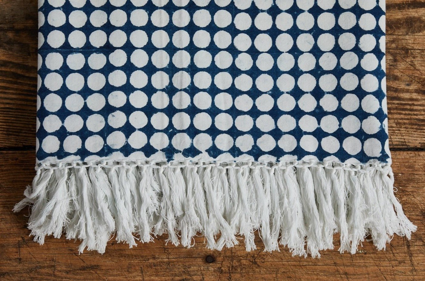 Les Indiennes, Tania Reverse Bed Throw With Fringe, Indigo - Nickey Kehoe