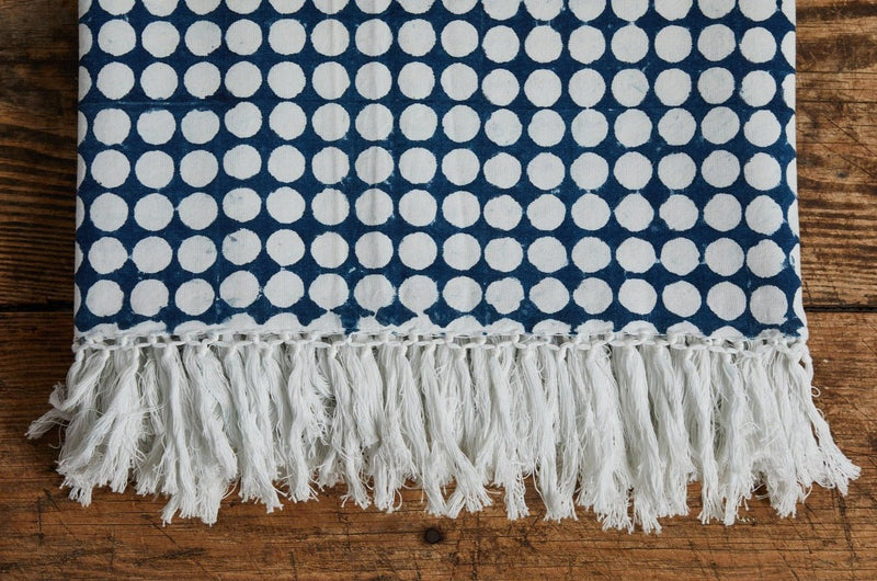 Les Indiennes, Tania Reverse Bed Throw With Fringe, Indigo - Nickey Kehoe
