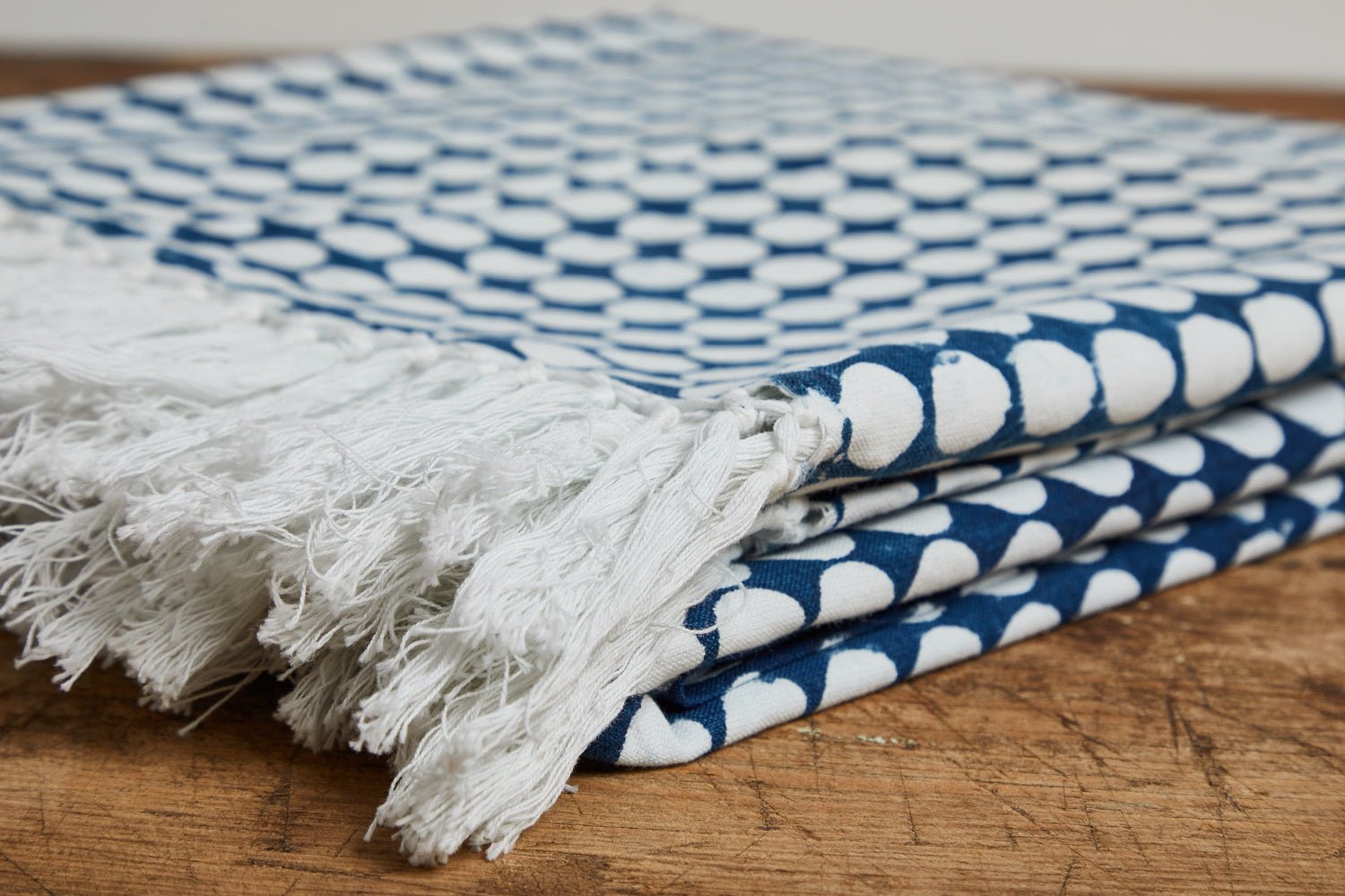 Les Indiennes, Tania Reverse Bed Throw With Fringe, Indigo - Nickey Kehoe