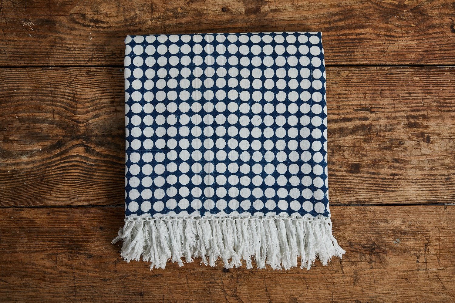 Les Indiennes, Tania Reverse Bed Throw With Fringe, Indigo - Nickey Kehoe