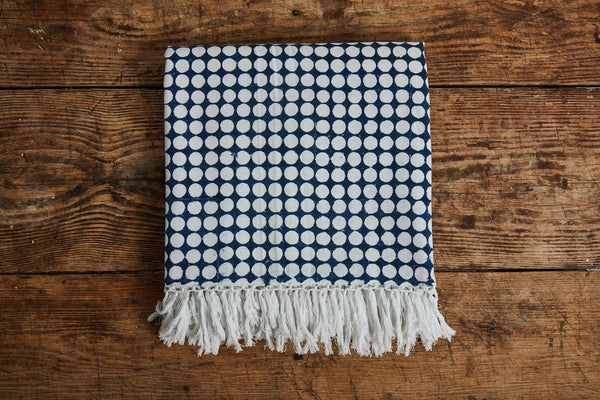 Les Indiennes, Tania Reverse Bed Throw With Fringe, Indigo - Nickey Kehoe