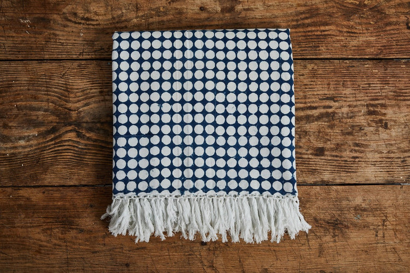 Les Indiennes, Tania Reverse Bed Throw With Fringe, Indigo - Nickey Kehoe