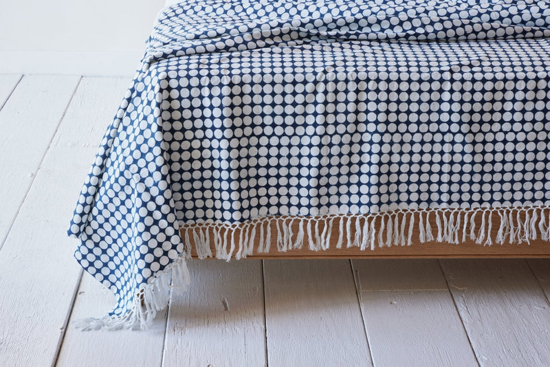 Les Indiennes, Tania Reverse Bed Throw With Fringe, Indigo - Nickey Kehoe