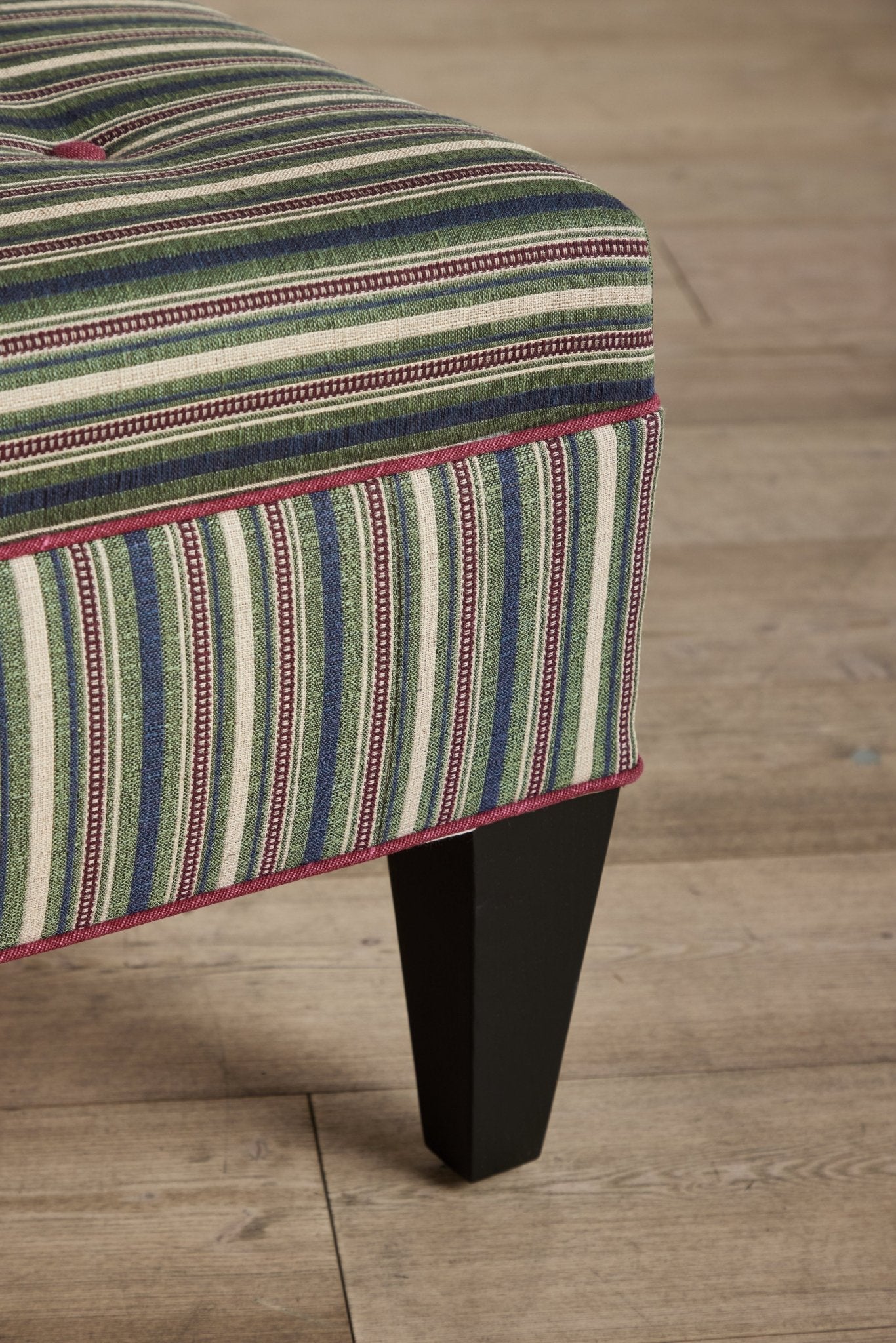 Shown in Susan Deliss Bursa Stripe in Ivy Mulberry Stone and Libeco Laundered Linen in Merlot trim with Ebony