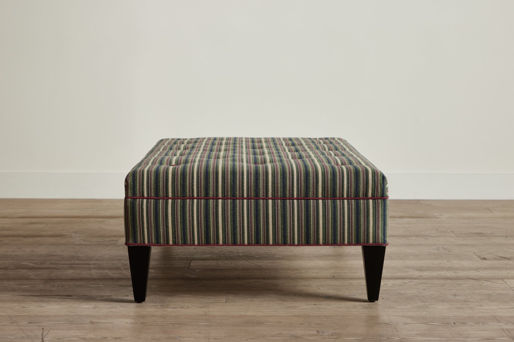 Shown in Susan Deliss Bursa Stripe in Ivy Mulberry Stone and Libeco Laundered Linen in Merlot trim with Ebony