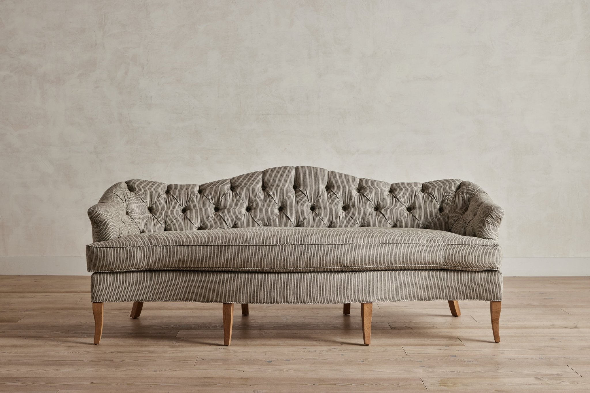 Shown in Customer's Own Material (Wells Classic Cloth Eleanor Licorice) and Natural Oak
