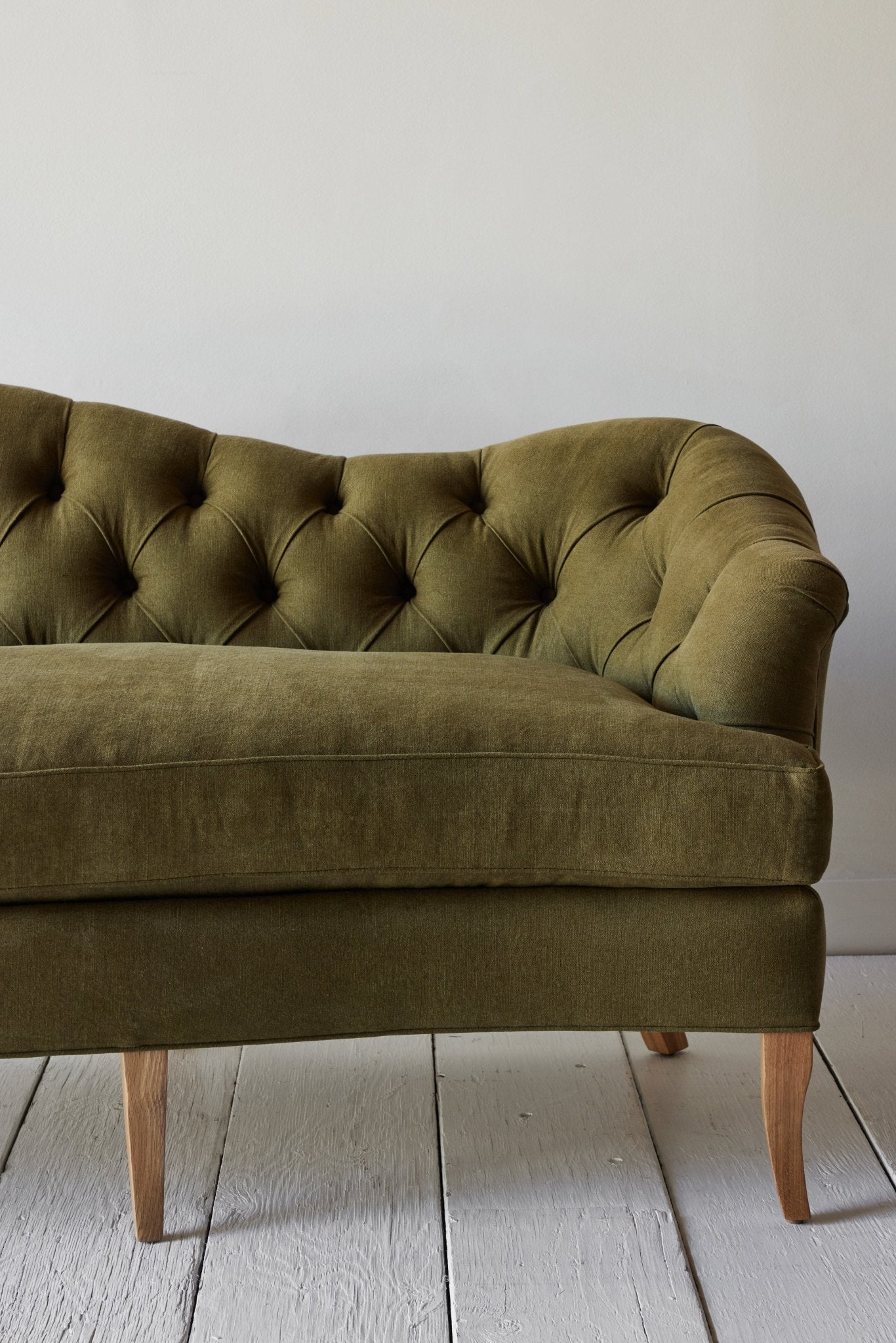 Shown in Libeco Moss Stonewash Linen and Natural Oak