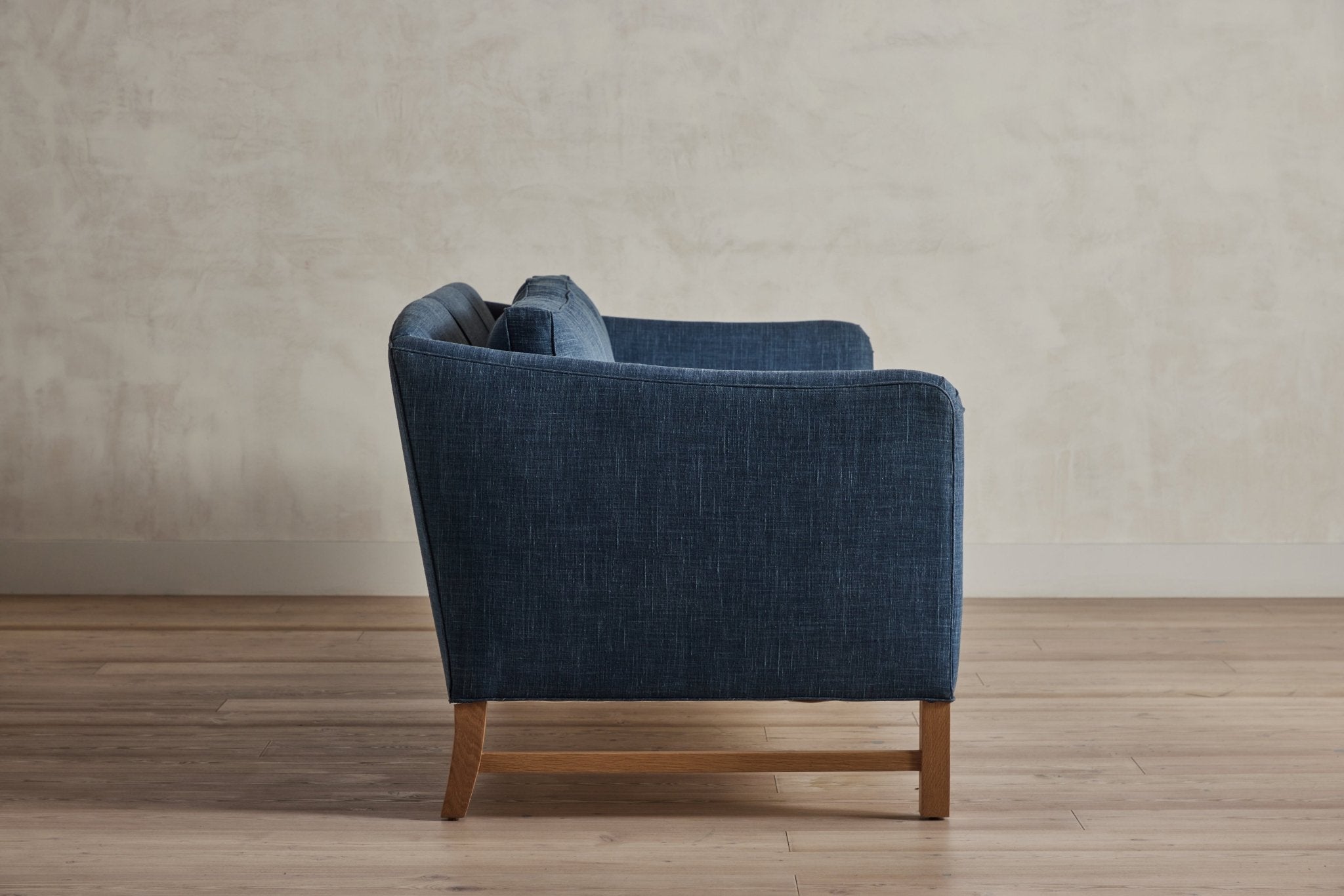 Shown in Libeco Linen in Midnight Blue and Natural Oak