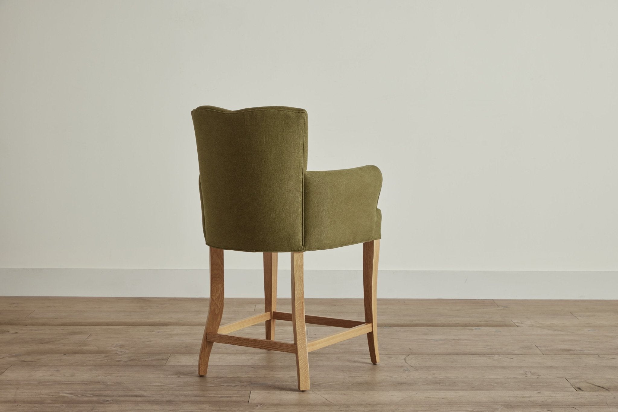 Shown in Customer's Own Material (Libeco Stonewashed Linen in Moss) and Natural Oak