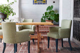 Shown in Customer's Own Material (Namay Samay Arjun Cucumber) and Painted Finish (Benjamin Moore Hudson Bay Blue)