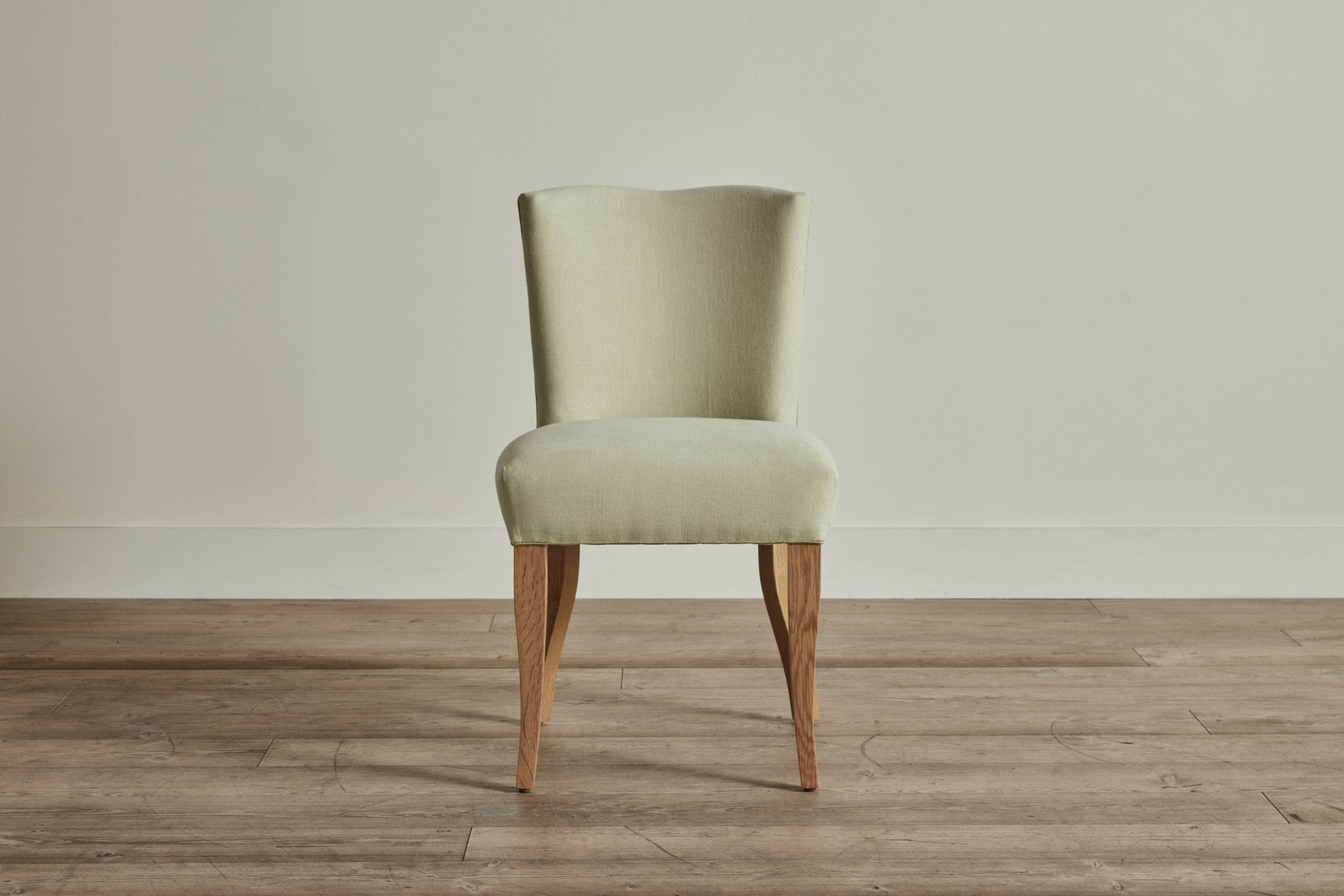 Shown in Customer's Own Material (Libeco - Milano Linen in Celadon and Samuel & Sons - 1/8" Strata Cord w/Tape in Pear) And Natural Oak 