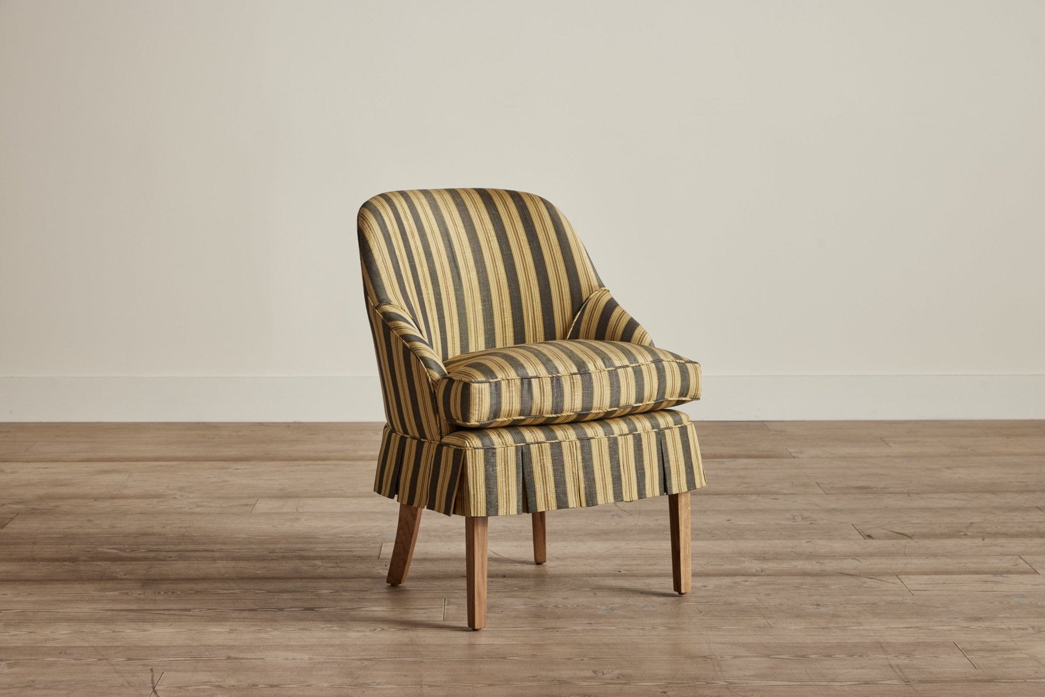 Shown in Customer's Own Material (Marvic Misa Moire Stripe Ebony) and Natural Oak