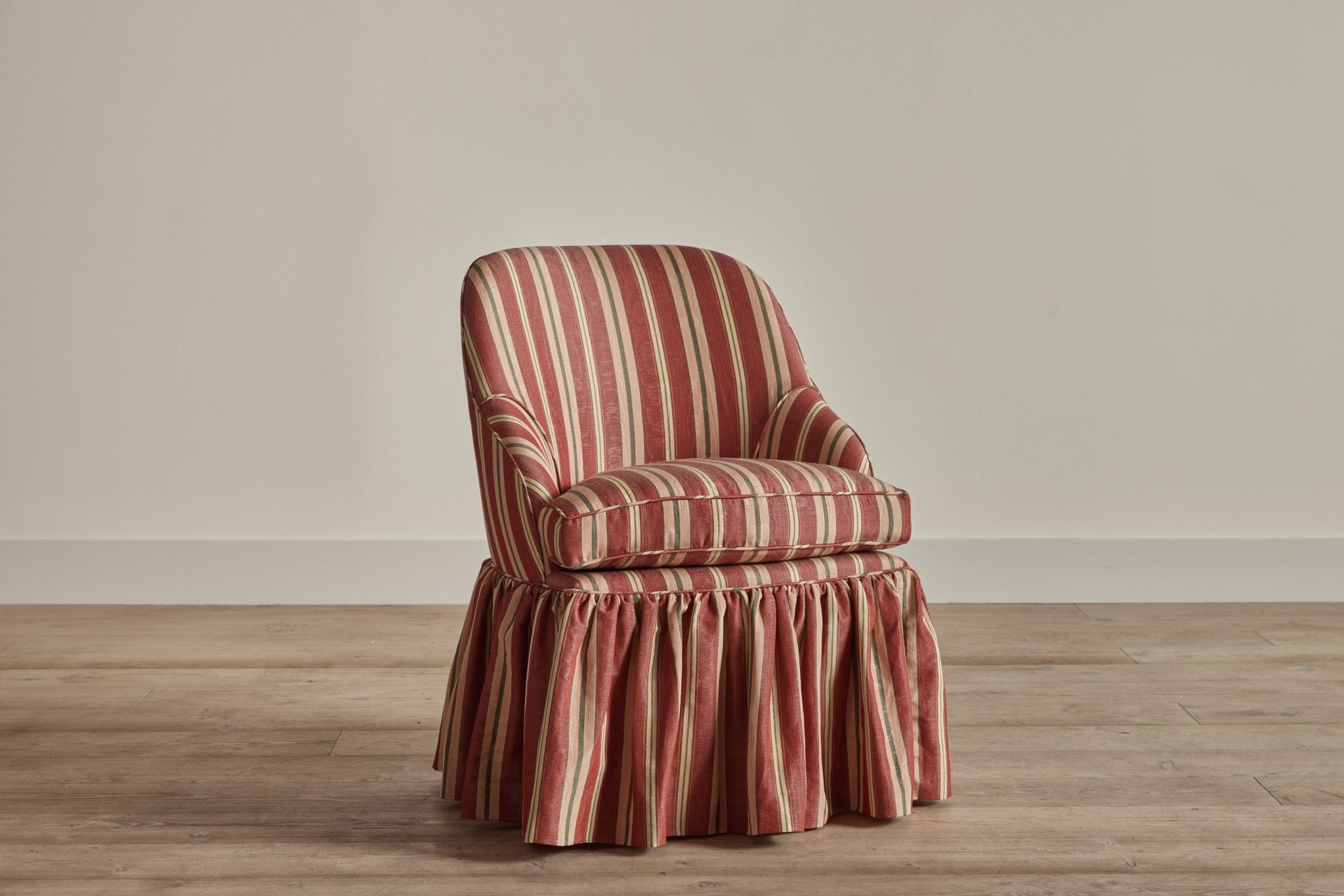 Shown in Long Ruched Skirt Marvis Misa Moire Stripe in Coral