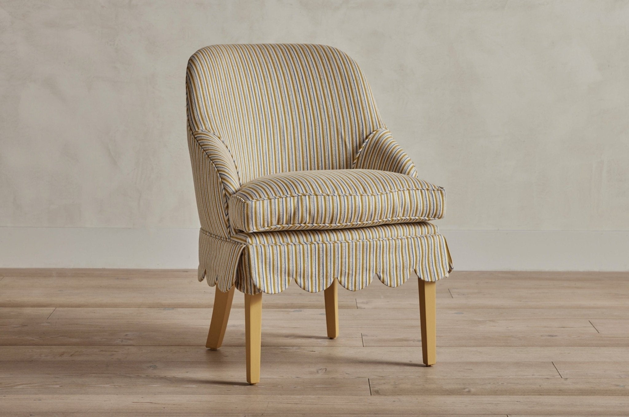 Shown in Howe Elise Stripe and Painted Leg (Farrow & Ball India Yellow)