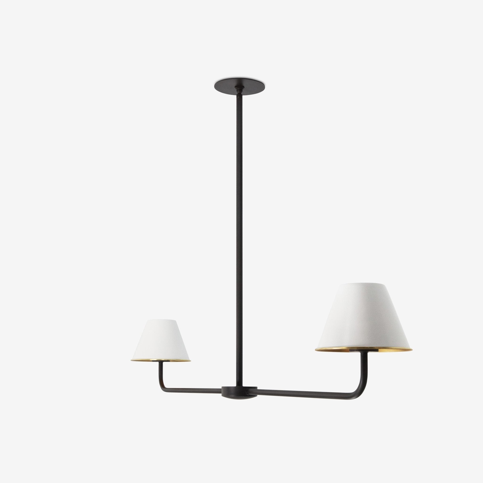 Shown in Blackened Steel Finish with regular shades in White finish and Hewn Brass Lacquered interior