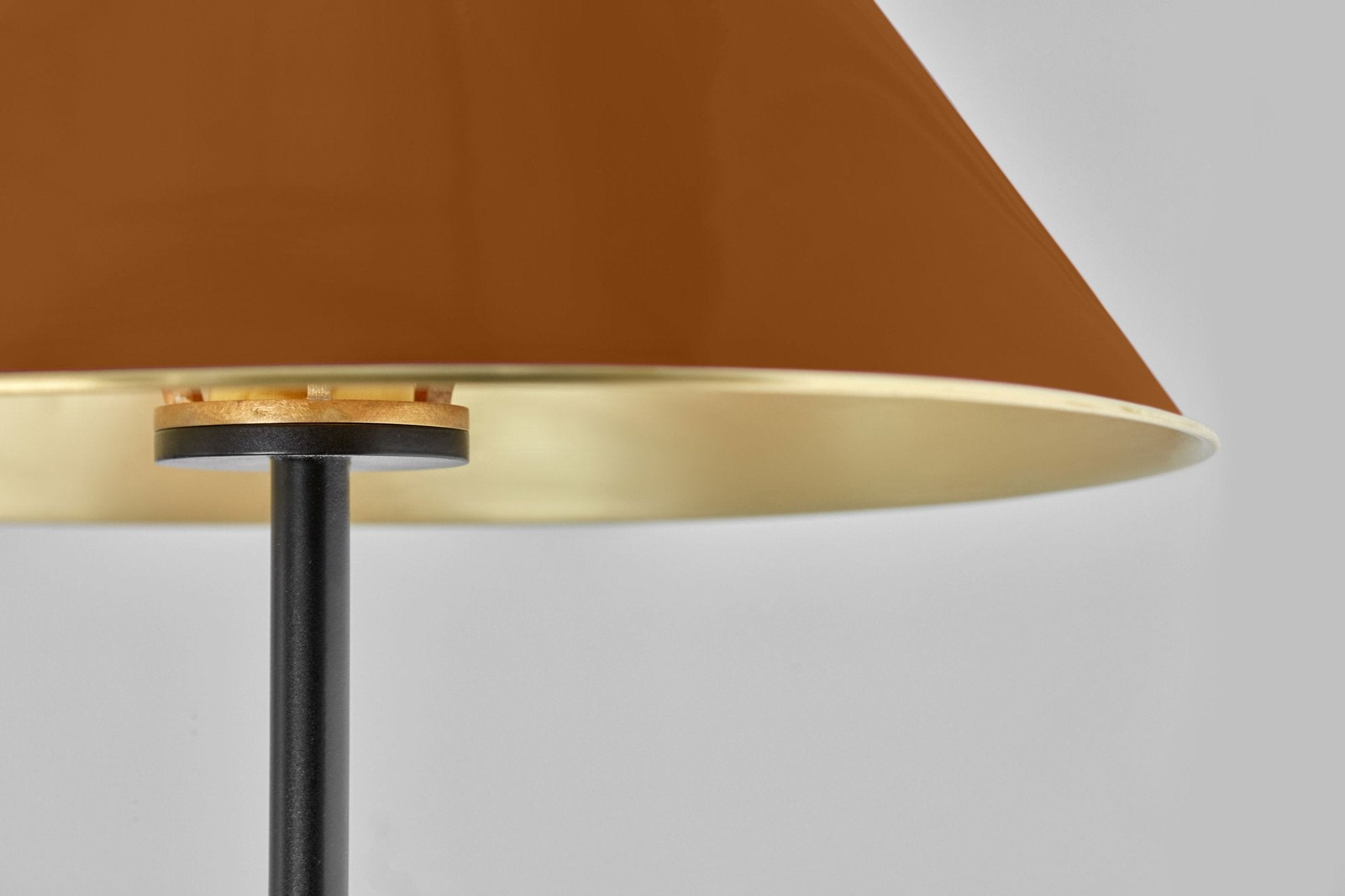 Shown in Black Finish with large shades in RAL #8004 Copper Brown powder coat finish and Hewn Brass Lacquered interior