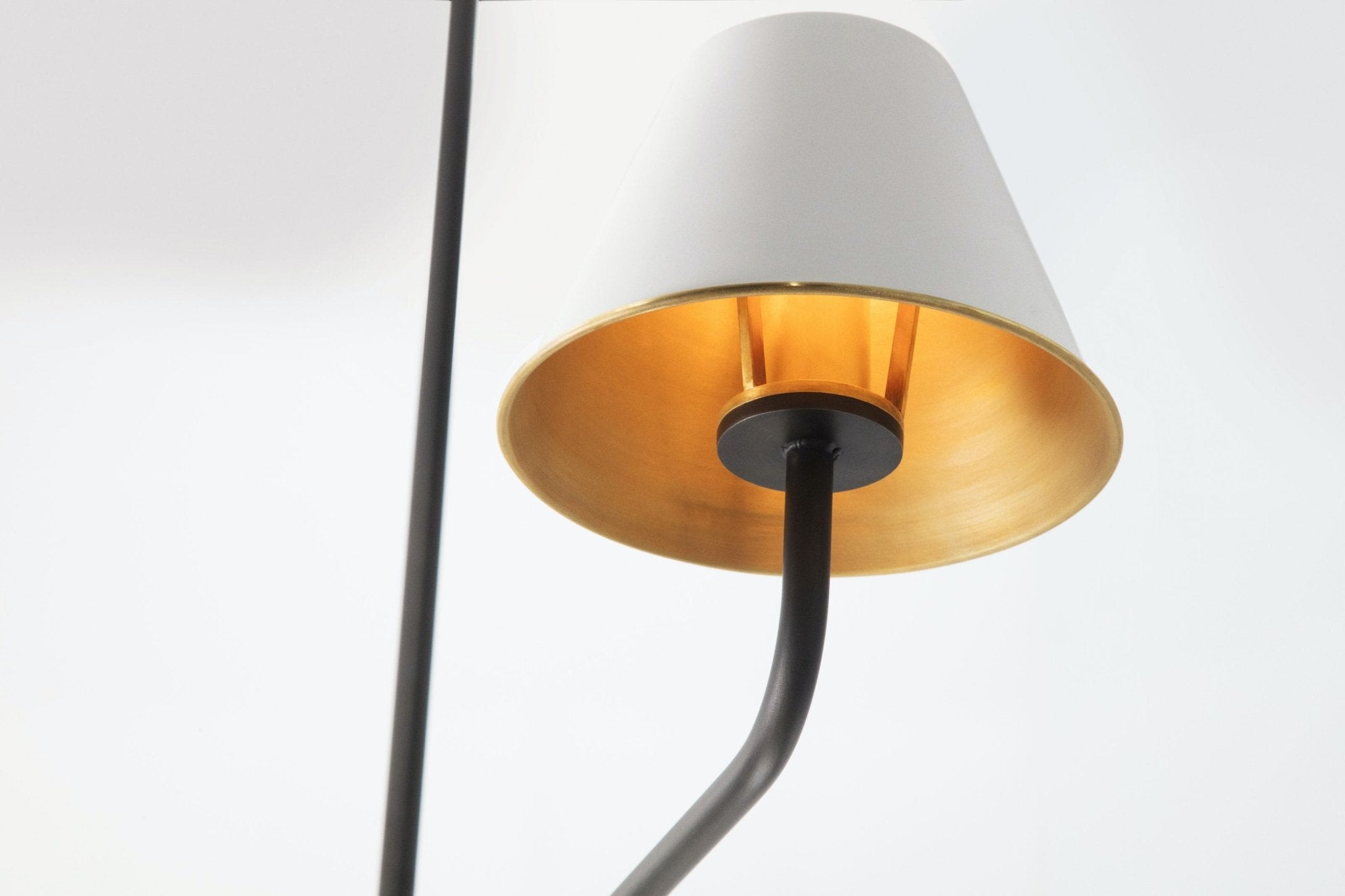 Shown in Blackened Steel Finish with regular shades in White finish and Hewn Brass Lacquered interior