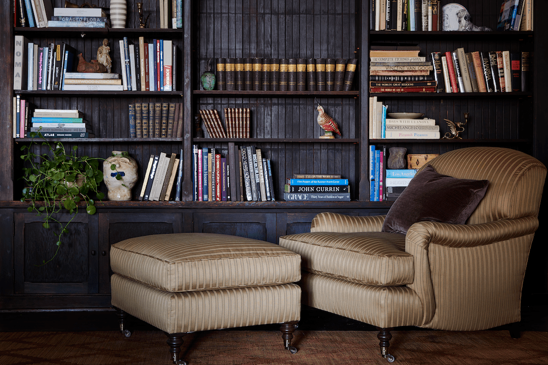 Shown in Howe Satin Stripe and Dark Oak with Matching Ottoman, Large Size