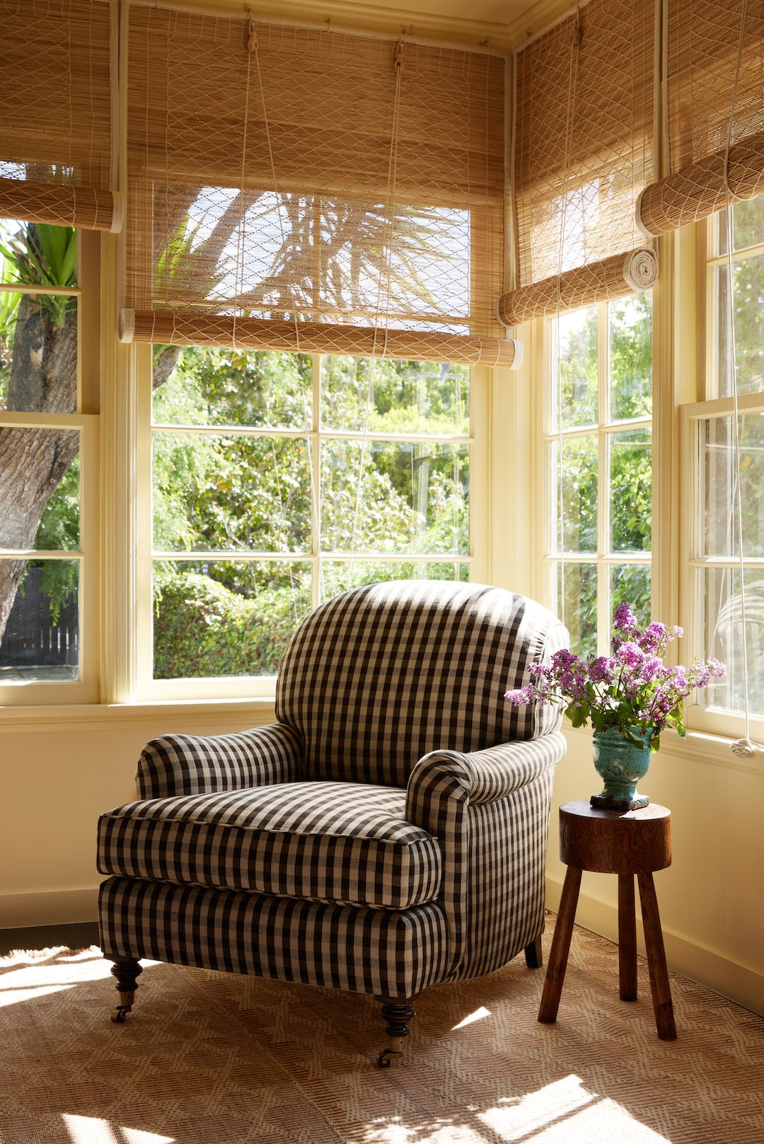 Small shown in Customer's Own Material (Wells Textiles Sonoma Check) and Dark Oak