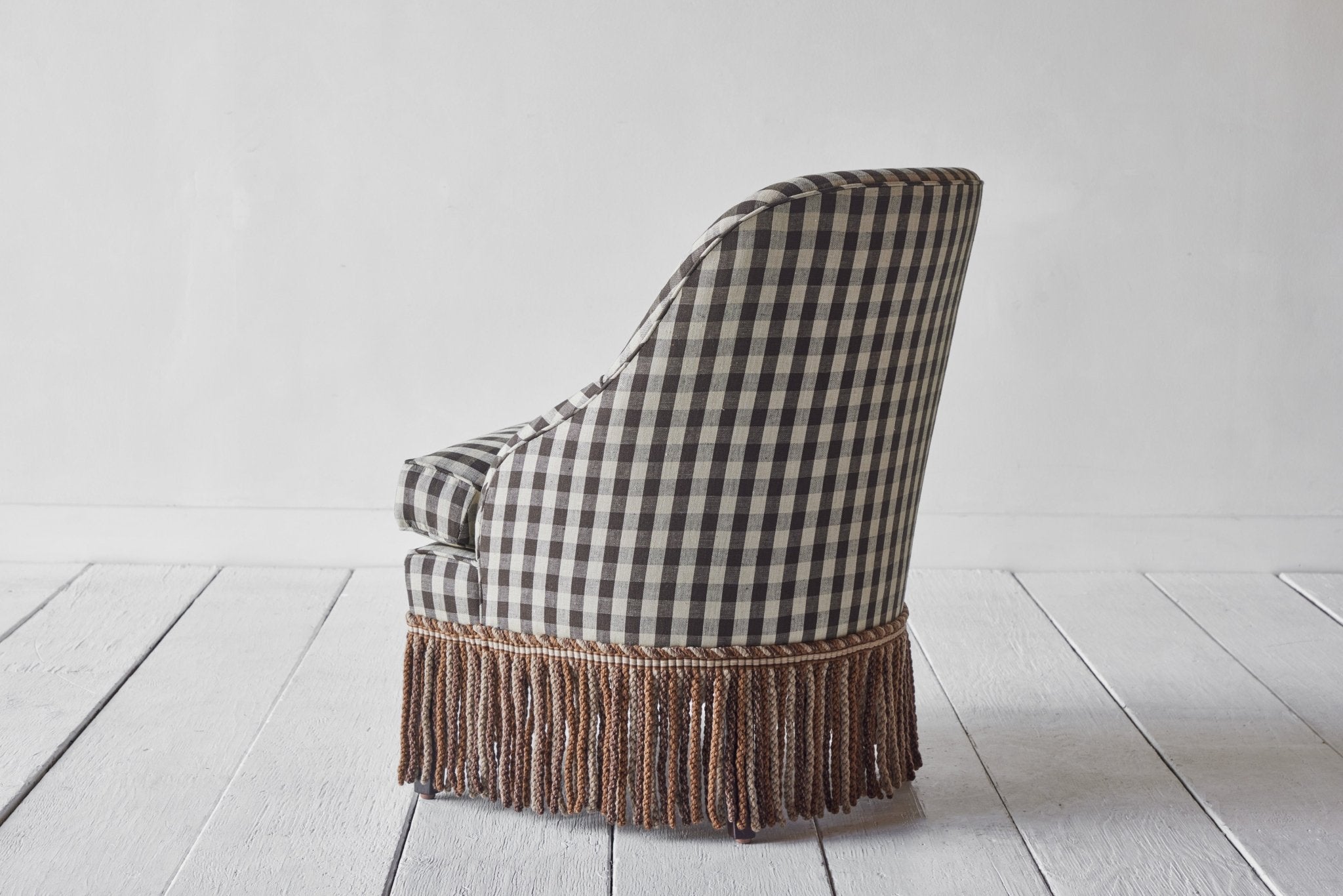 Shown in Customer's Own Material (Wells Textiles Sonoma Check) and Dark Oak