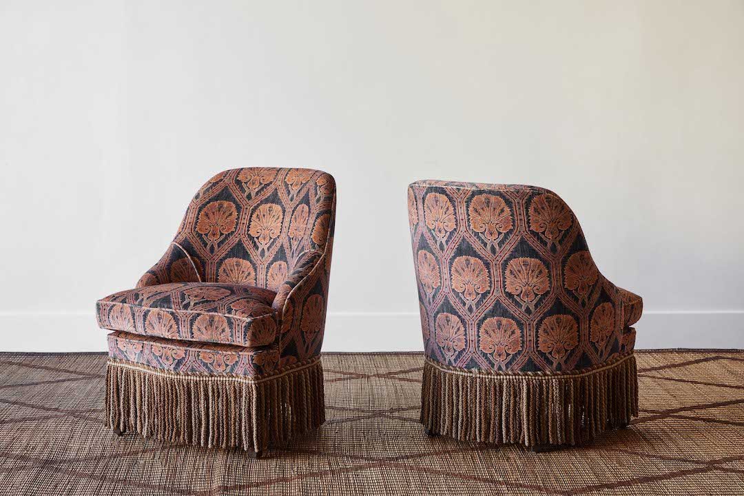 Shown in Customer's Own Material (Robert Kime Ottoman Lampas Blue with Custom, Bullion Fringe) and Dark Oak