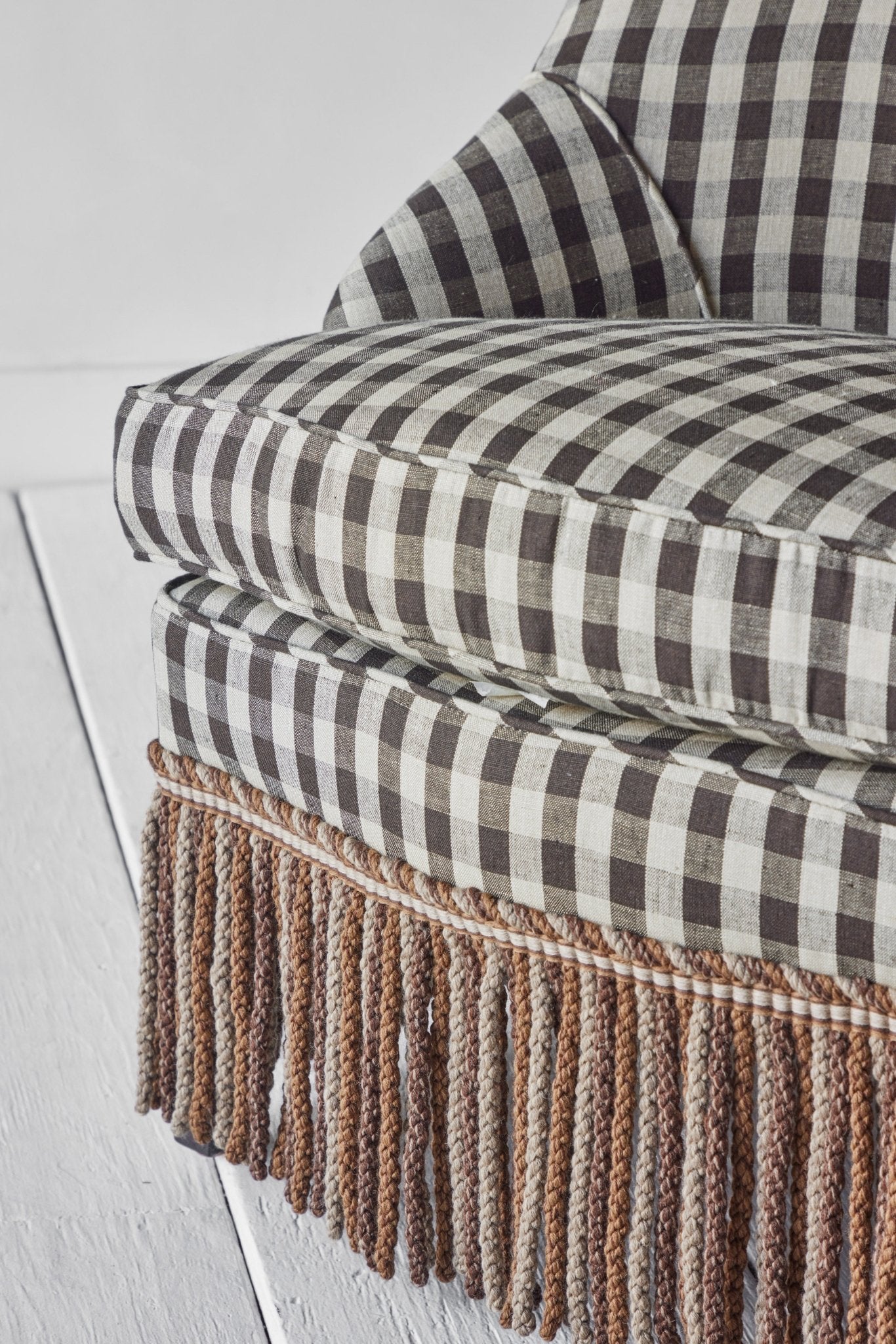 Shown in Customer's Own Material (Wells Textiles Sonoma Check) and Dark Oak