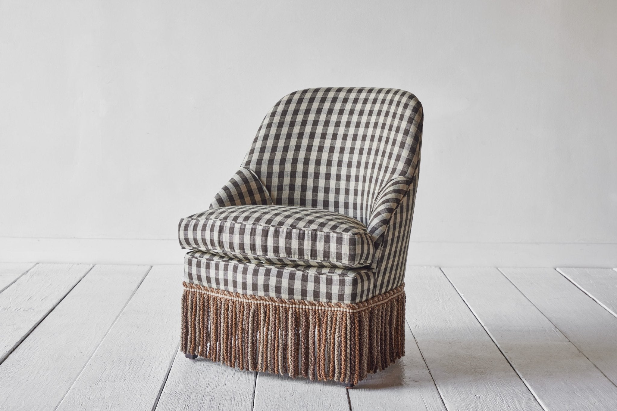 Shown in Customer's Own Material (Wells Textiles Sonoma Check) and Dark Oak