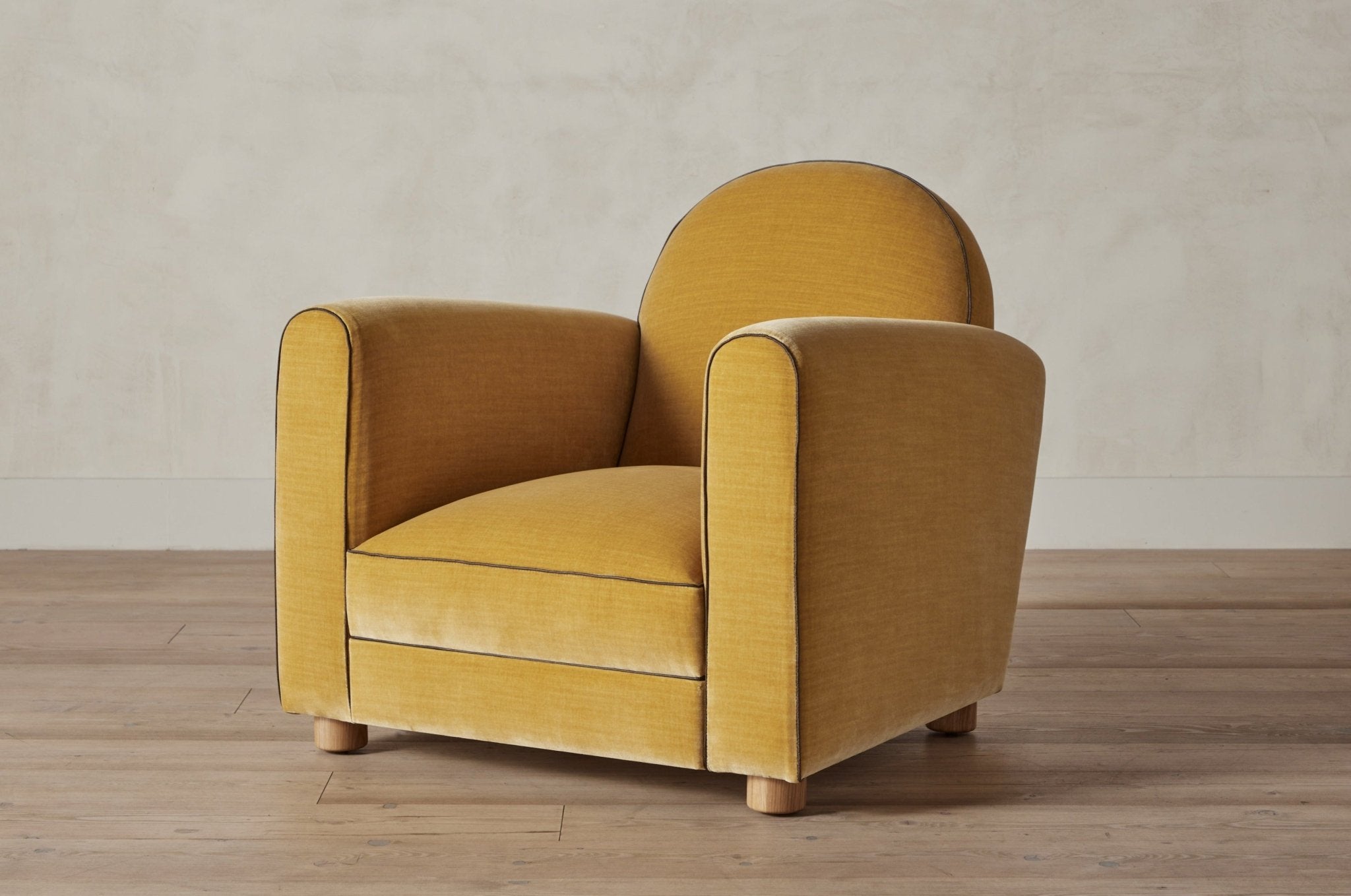 Shown in Customer's Own Material (George Spencer Design Velvet with Howe Leather Piping in Slate) and Natural Oak
