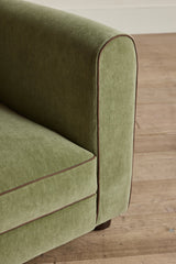 Shown in Customer's Own Material (Holland & Sherry Rambouillet Basil with Howe Leather Piping in Tobacco) and Dark Oak