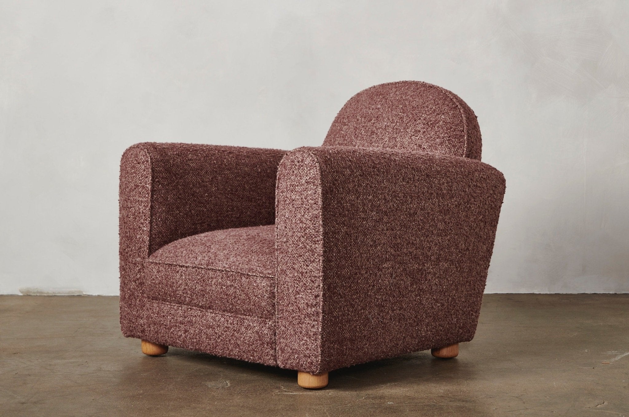Shown in Libeco Merlot Boucle and Natural Oak
