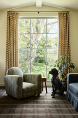 Shown in Susan Deliss Teal/Moss/Stone Criss Cross Weave and Natural Oak