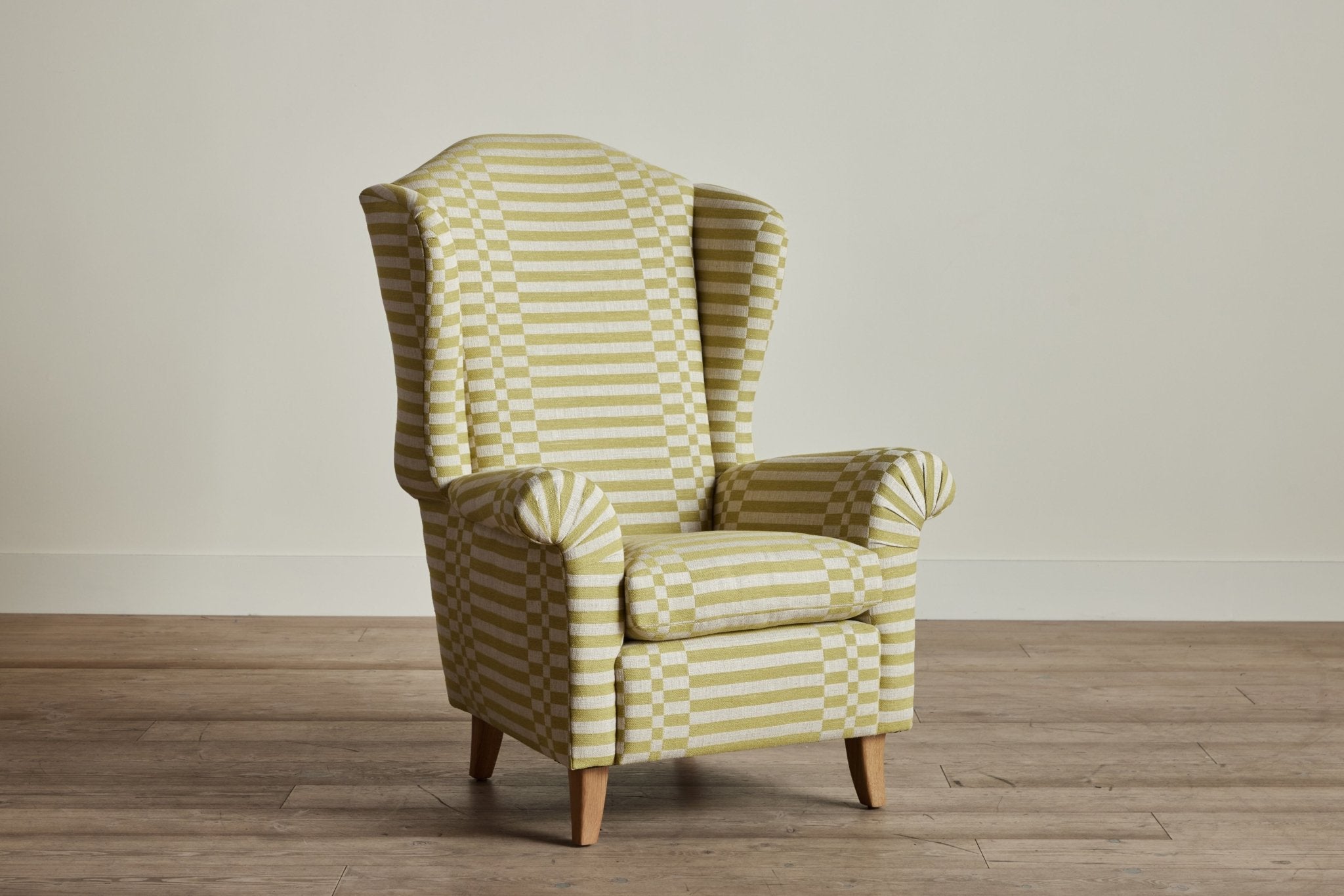 Shown in Customer’s Own Material (George Spencer Design Check Stripe Lime) and Natural Oak