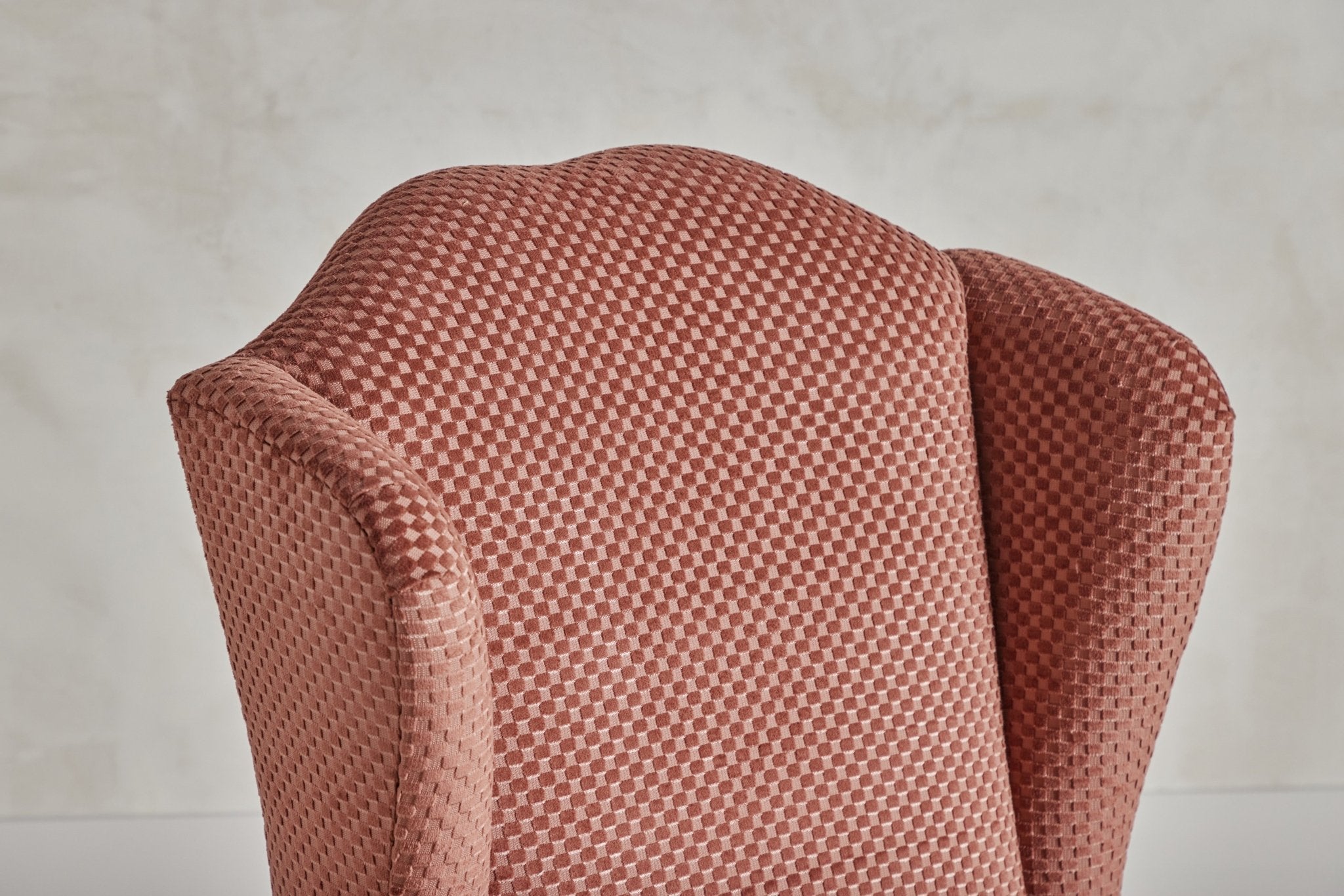 Shown in Customer’s Own Material (Robert Allen Plush Checkers) and Dark Oak