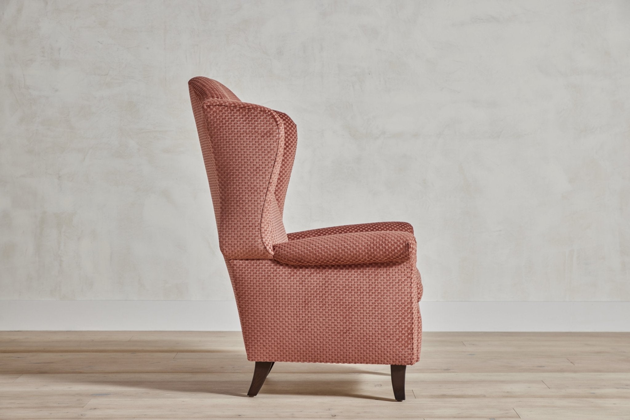 Shown in Customer’s Own Material (Robert Allen Plush Checkers) and Dark Oak