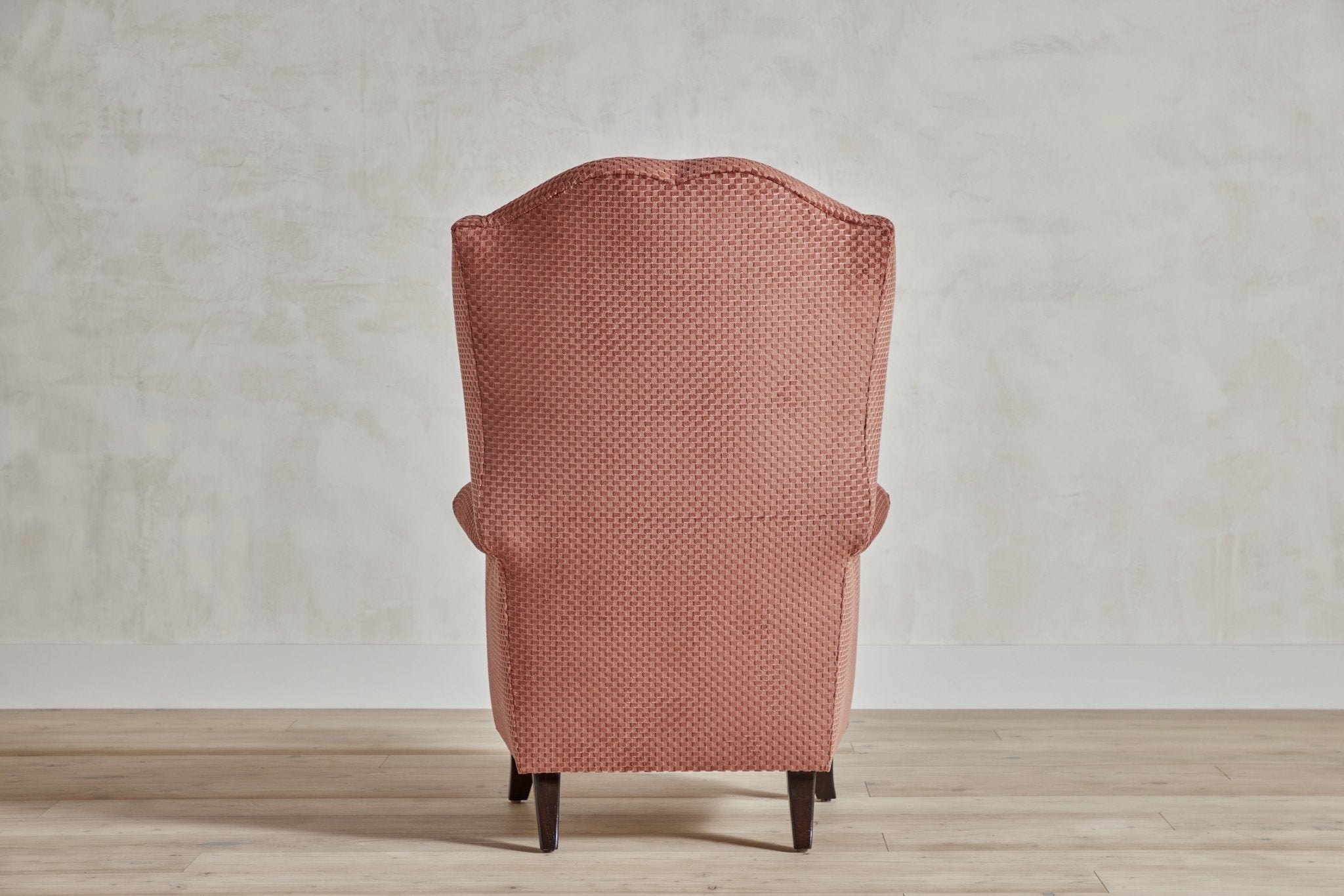 Shown in Customer’s Own Material (Robert Allen Plush Checkers) and Dark Oak