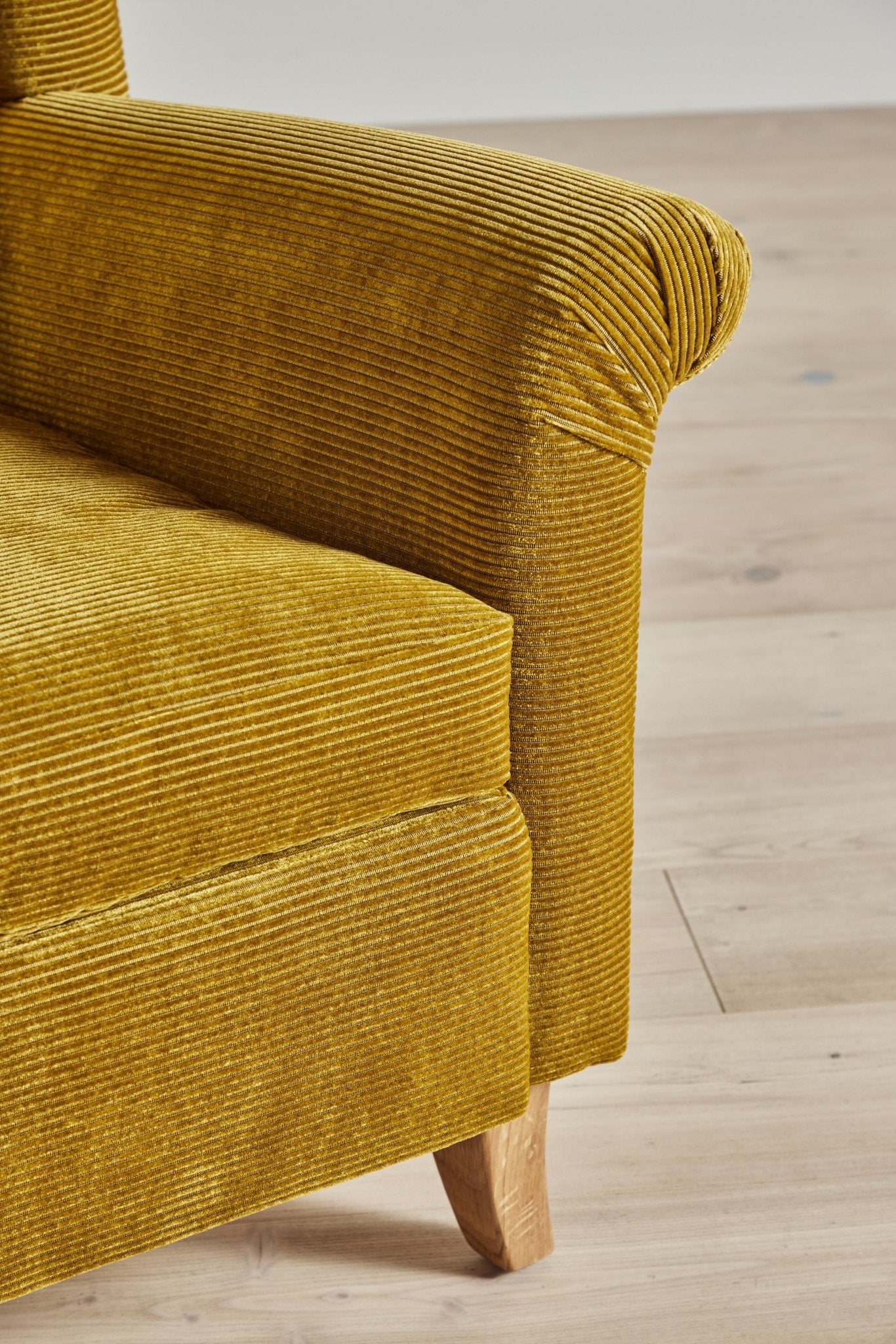 Shown in Customer’s Own Material (Zimmer Rhode Corduroy) and Natural Oak