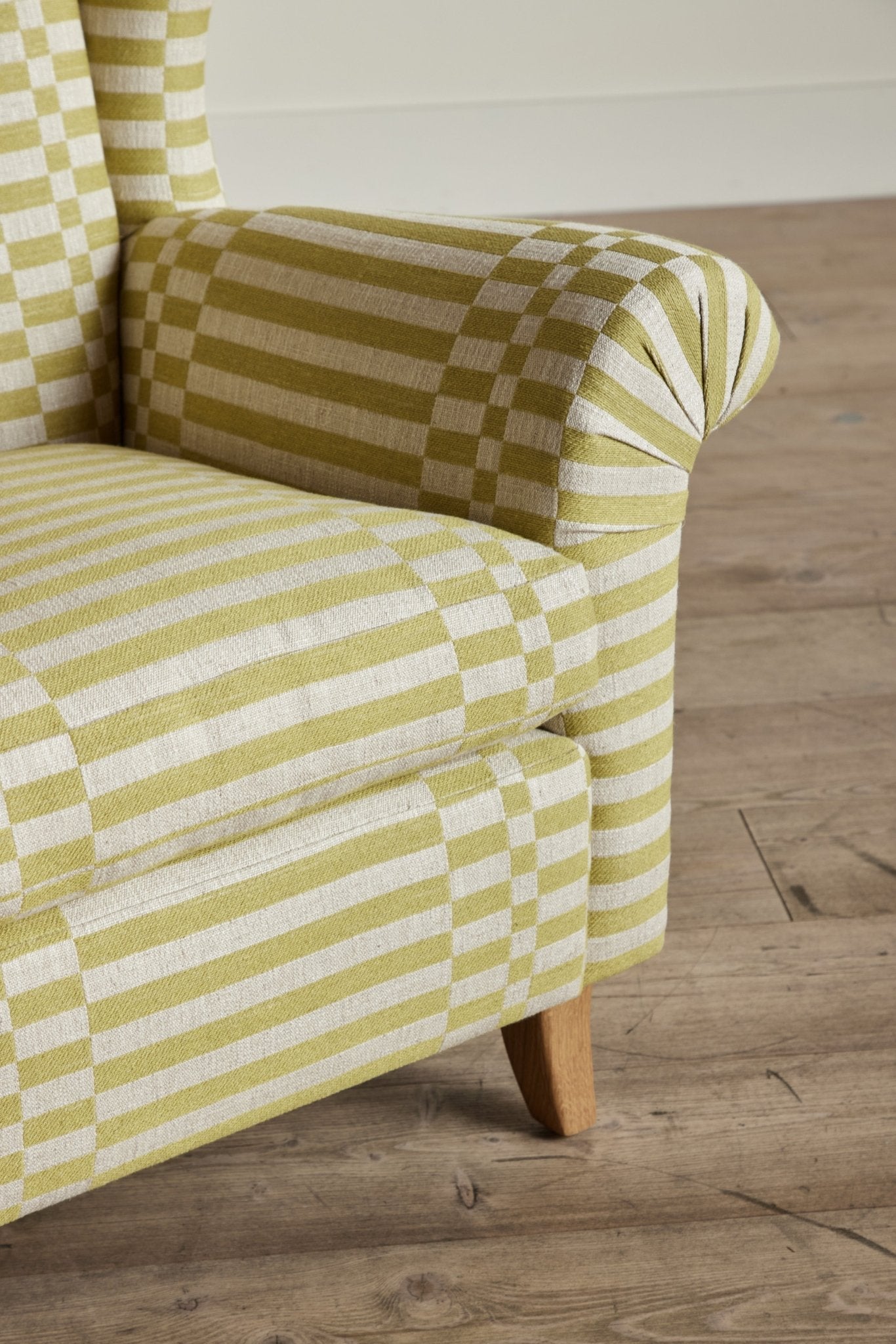 Shown in Customer’s Own Material (George Spencer Design Check Stripe Lime) and Natural Oak