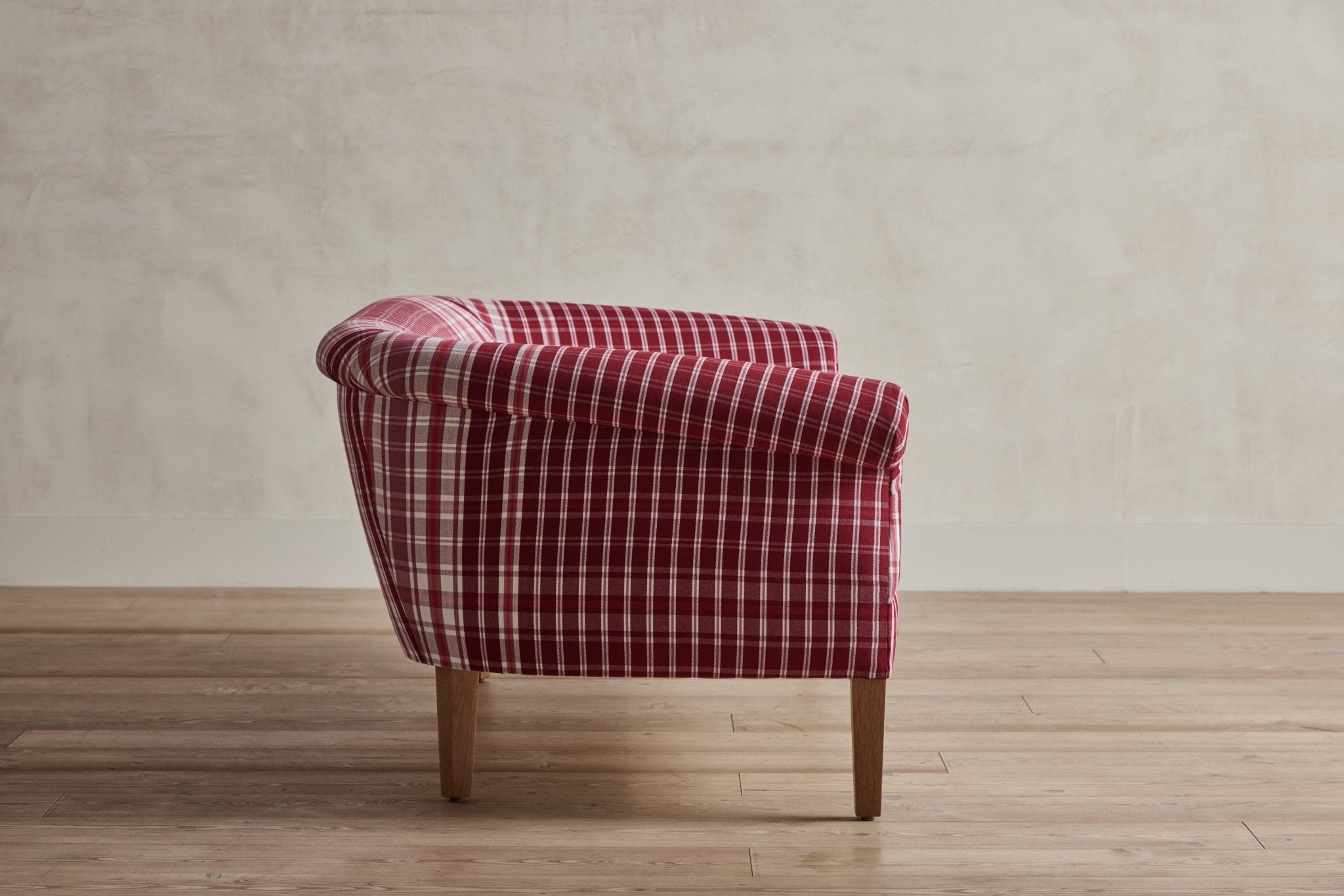 Shown in Customer’s Own Material (Italian Burgundy Plaid) and Natural Oak